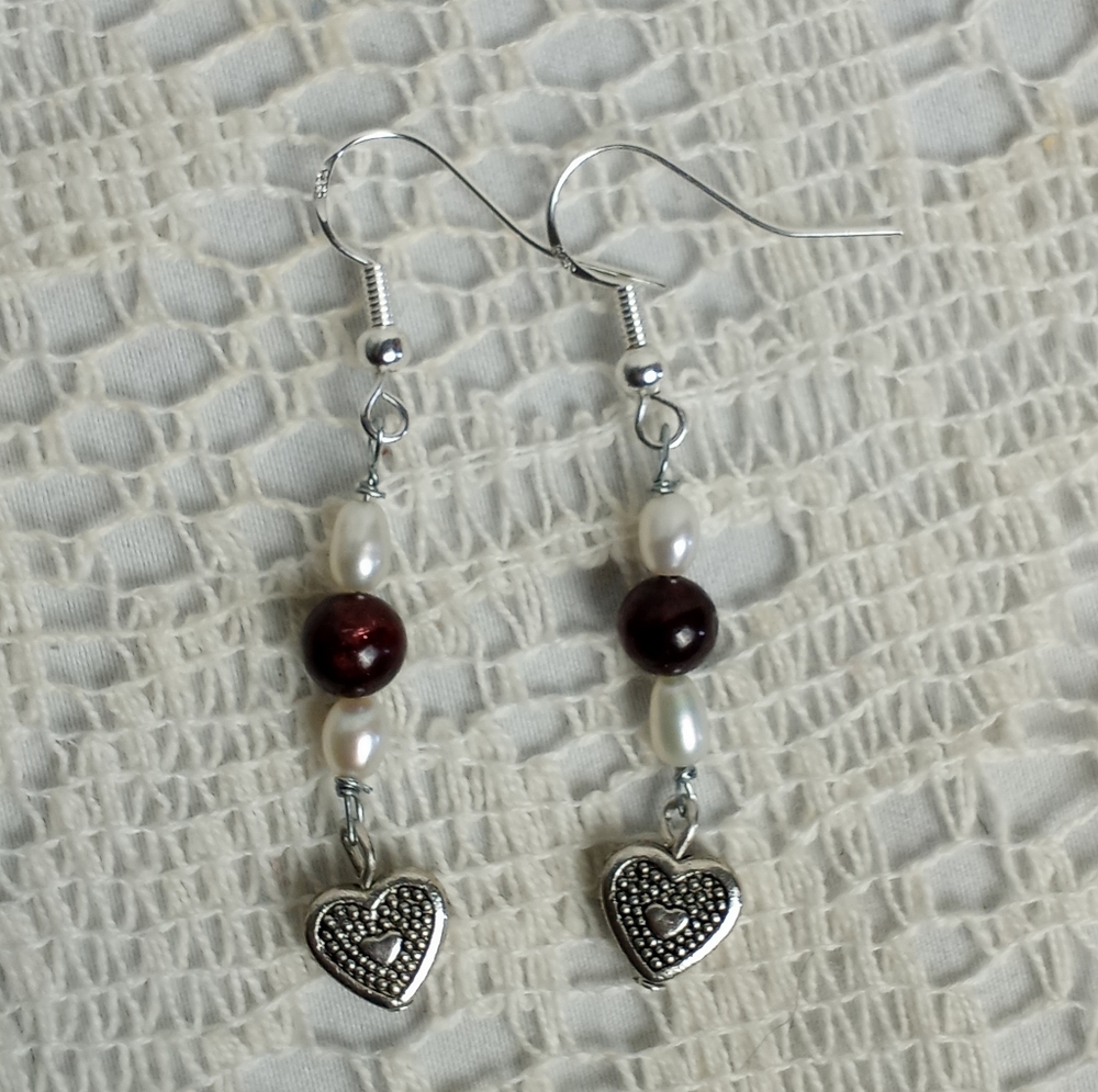Natural Garnet Sterling Silver Rice Pearl Hook Handmade Heart Dangle Earrings